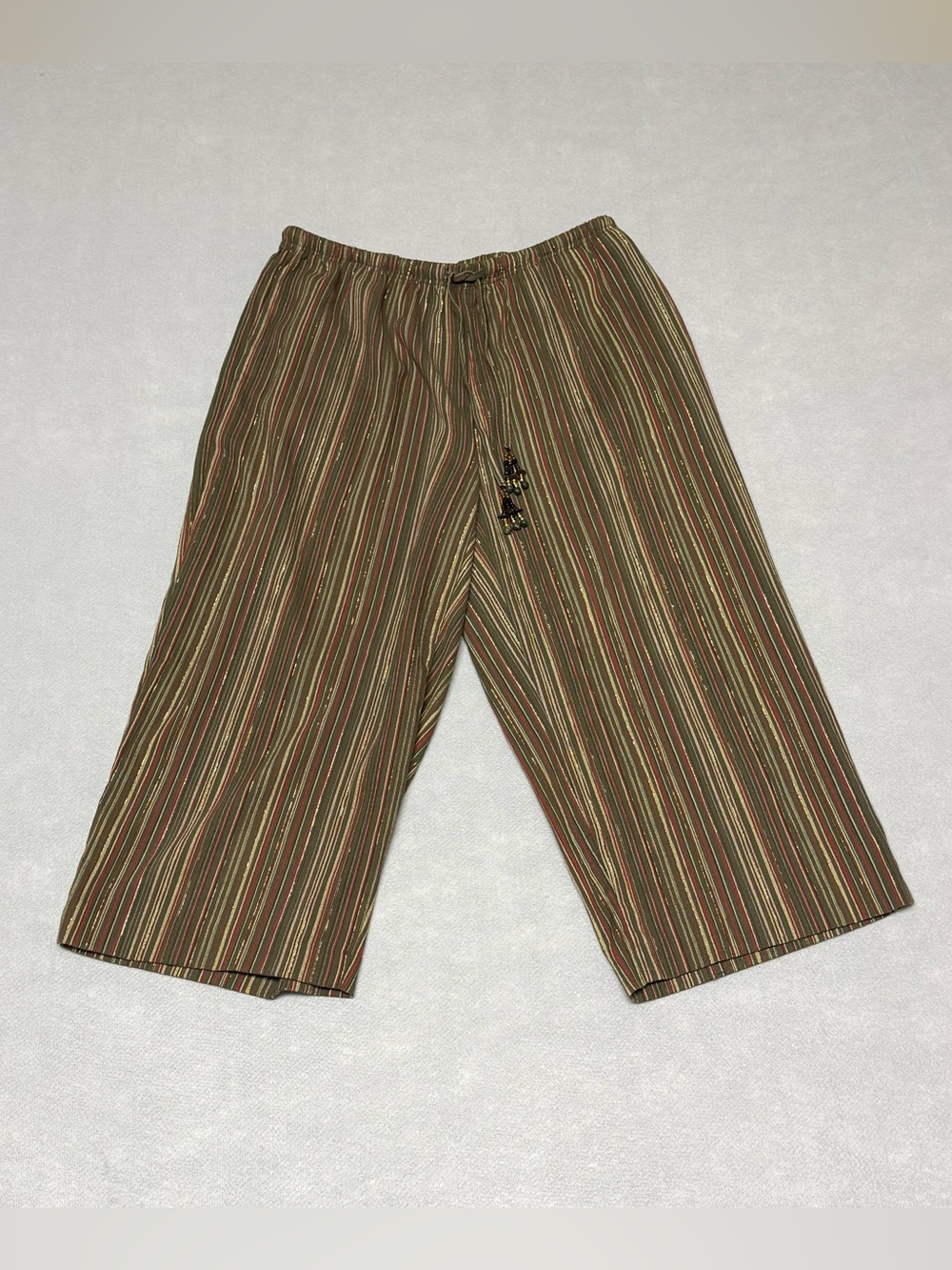 Tanjay Women’s Olive Striped Casual Drawstring capris Pants size M